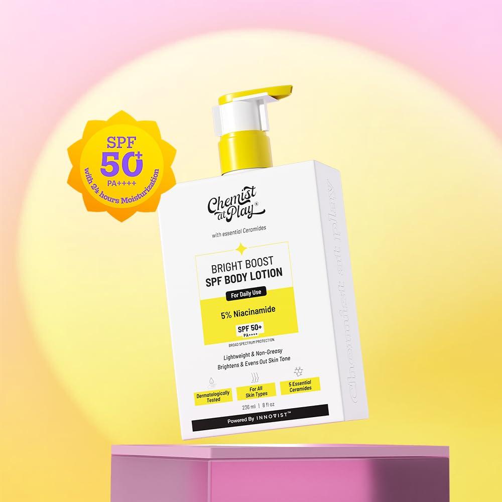 Chemist At Play Bright Boost SPF Body Lotion | With 5% Niacinamide & SPF 50+ PA++++ | 24 hours moisturization | Lightweight & Non-Greasy Formula