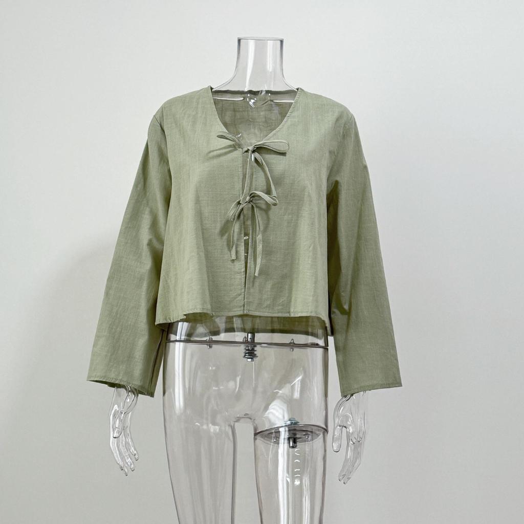 Spring/Summer Trendy Deep V Trumpet Sleeve Tie Top - European & American Women's Fashion