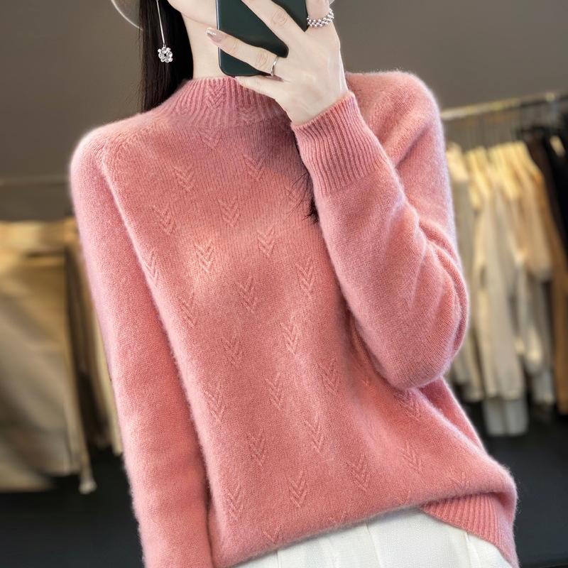 Half Turtleneck Jacquard Cardigan Autumn and Winter Loose and Versatile Cashmere Knitted Sweater Skin-friendly Warm Bottoming Shirt Top