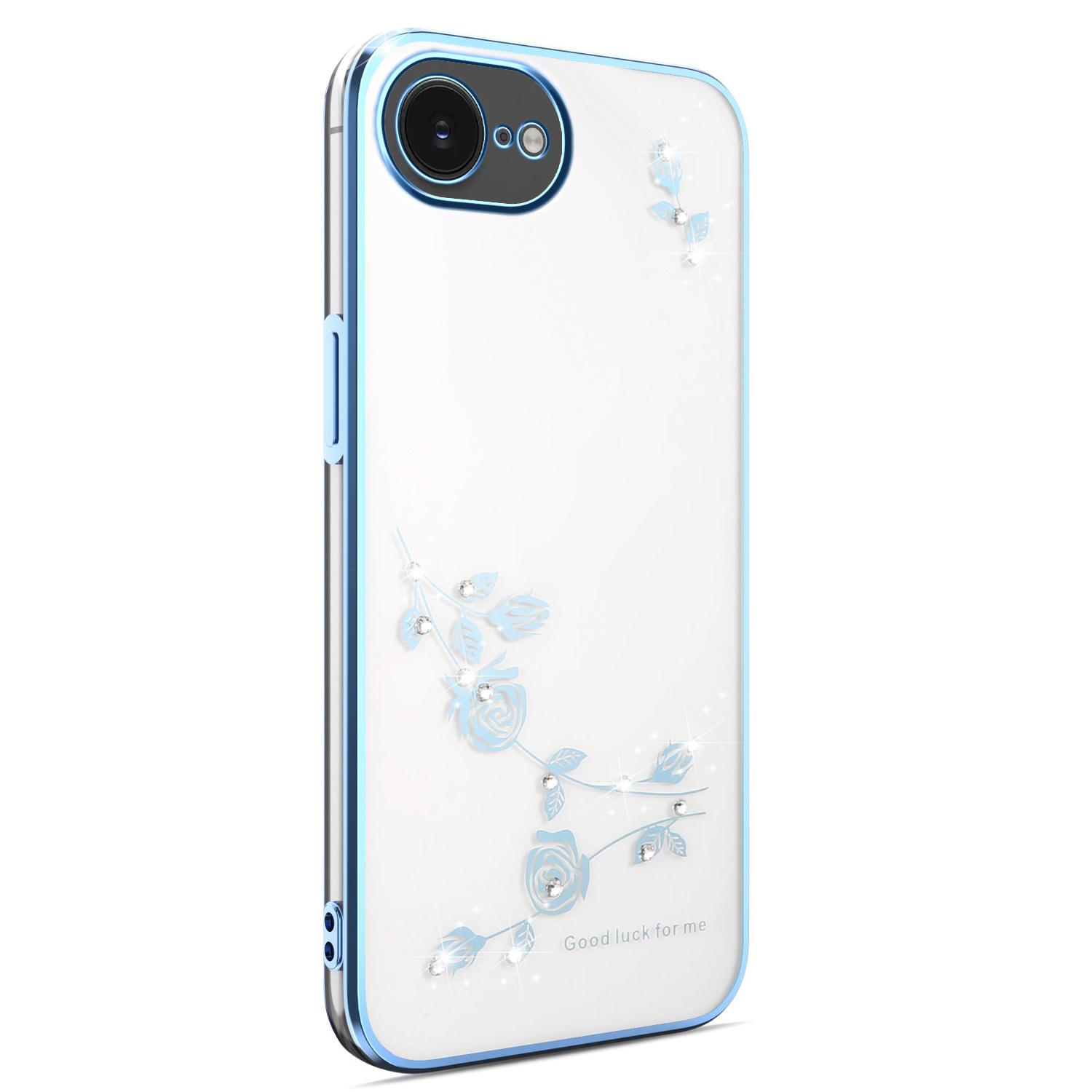 

KADEM For iPhone 16e Case Flower Rhinestone Decor Electroplating TPU Phone Cover Blue