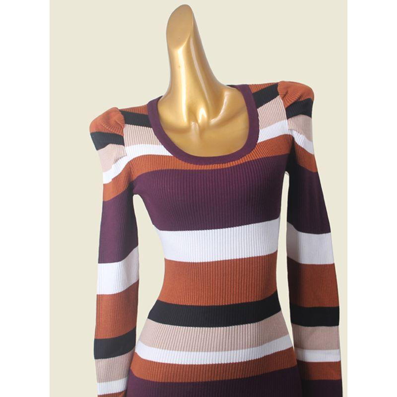 French Style Puff Sleeves Contrast Color U Collar Base Dress Foreign Trade Original Order Slim Fit Slimming Long Sleeves Bodycon Dress
