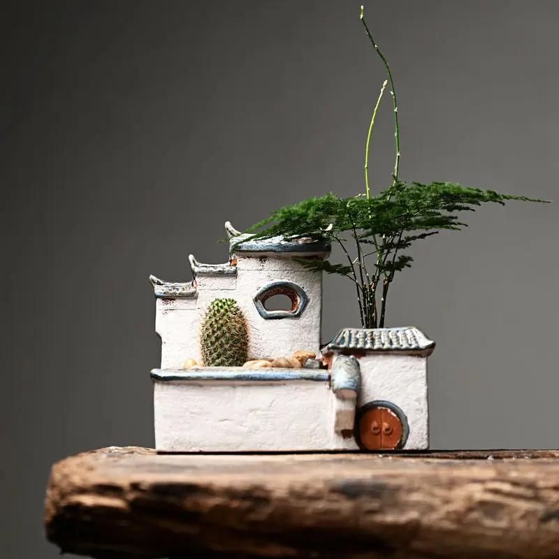 Courtyard Modelling Ceramic Flower Pots Huizhou Architectural Bamboos Pot Planting Pots Fish Tank Aquascape Ornament Decorations