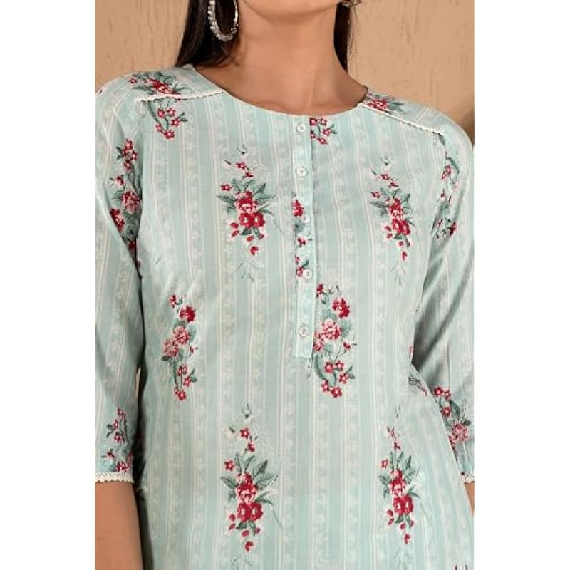 W Women s Light Green Floral Printed Cotton Kurta Dupatta Bottomwear with Lace XL зелёный