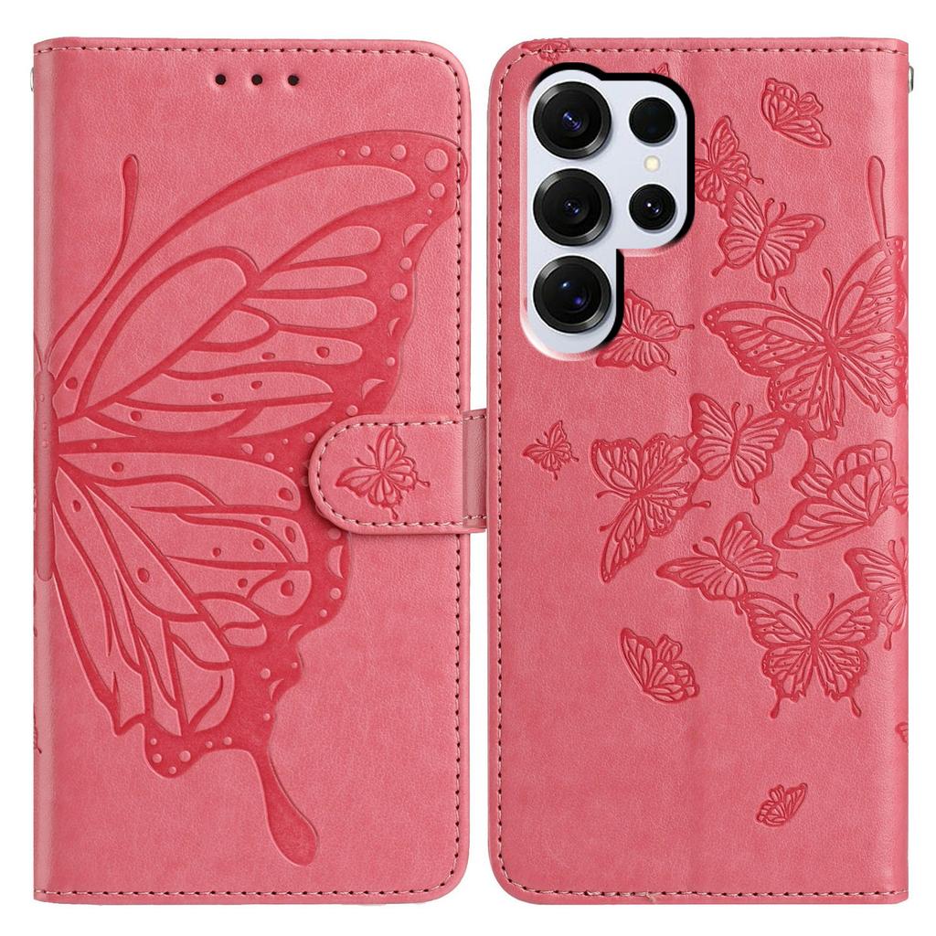 For Samsung Galaxy S25 Ultra Case Butterfly Imprinted Wallet Stand PU Leather Flip Phone Cover with Strap