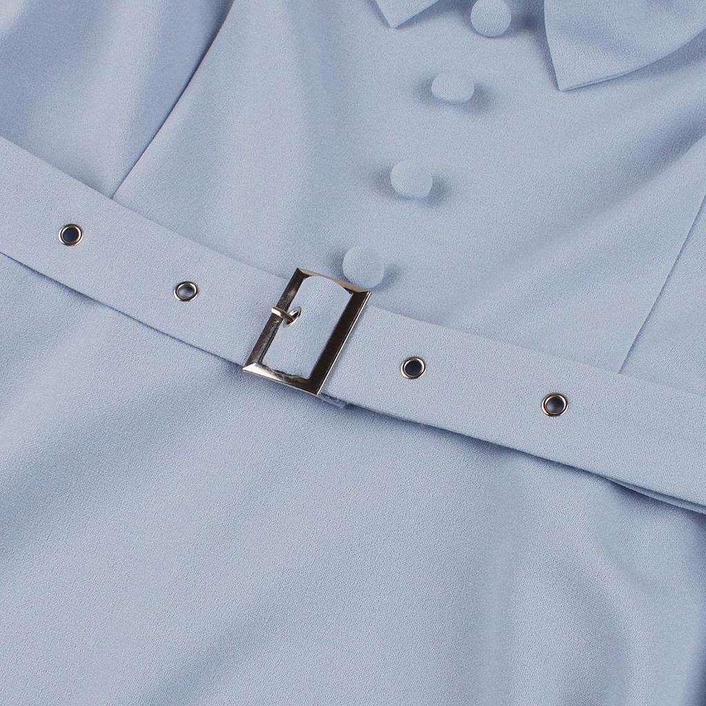 Damen Retro Swingkleider Kurzarm V-Ausschnitt Schleife Knopfleiste Gürtel Hepburn-Stil Kleid Hohe Taille Freizeitkleidung