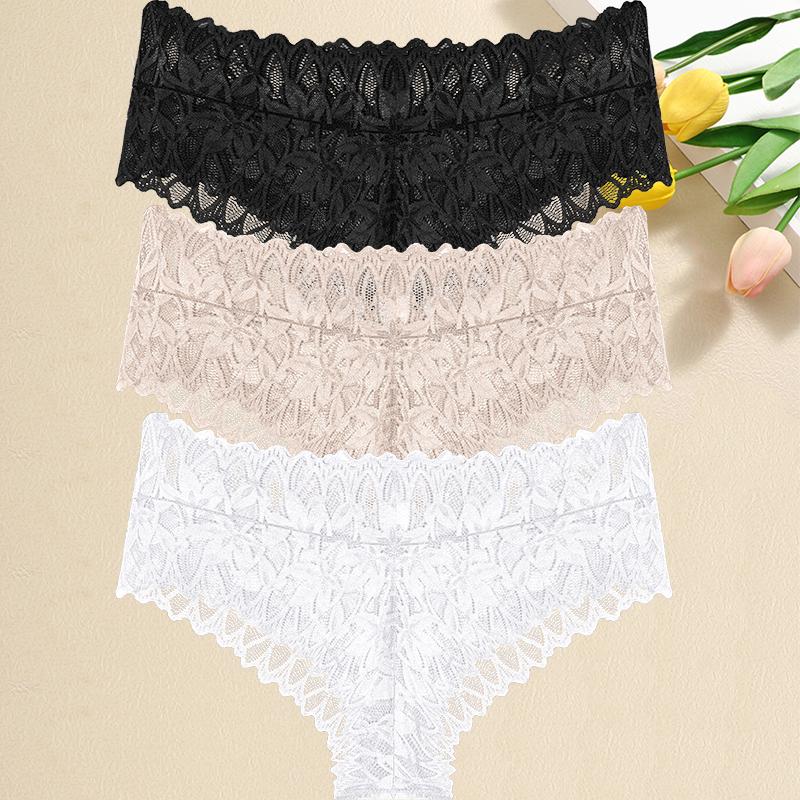 3PCS/Set Women Floral Lace Panties Sexy Perspective G-String High Waist Underpants Female Breathable Intimates Lingerie