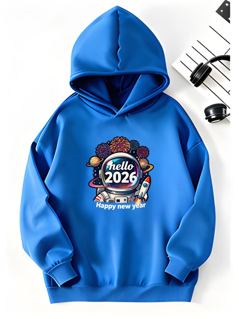 Christmas atmosphere "Astronaut" Cartoon Printed T-shirt, Boys' Fashion Hooded Pullover Sweater, Soft Knit