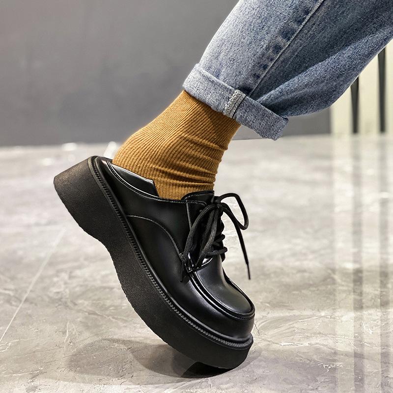 Black Big Head and Small Leather Shoes Women's Summer 2025 New Jk Single Shoes British Style Muffin Platform Loafer Shoes