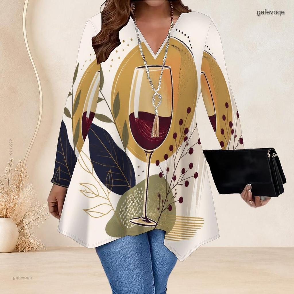 Women Plus Size V Neck Long Sleeve Motorcycle Printed Asymmetric Hem Tunic Top
