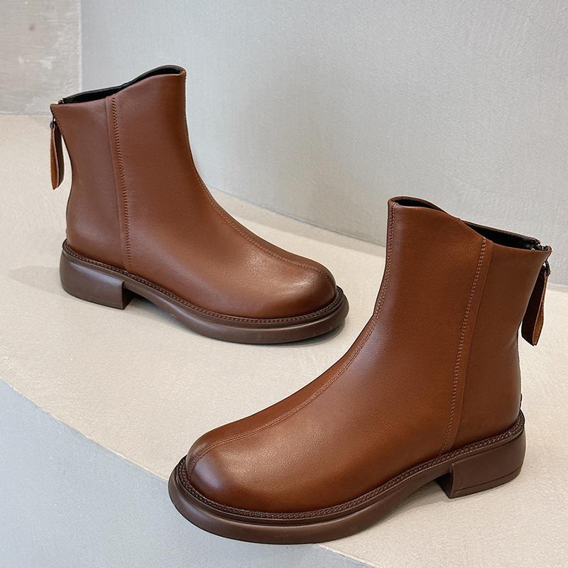 Short boots women's low tube round head British style small man thin women's boots autumn and winter new leather flat boots