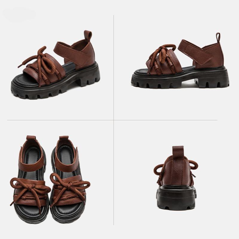 Johnature Versatile Peep Toe Hook & Loop Sandals Retro Genuine Leather Thick Soled Women's Shoes