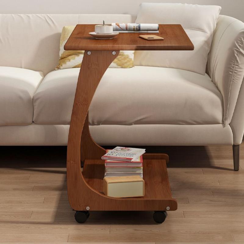 Bamboo Balcony Tea Table  Movable Living Room Side Table  Anti-Collision Bedside Stand  Space-Saving C-Shaped Sofa Table
