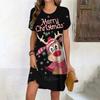 New Cartoon Moose Digital 3D Print Crew Neck Short-sleeve Pullover Stylish Casual Women's Dress