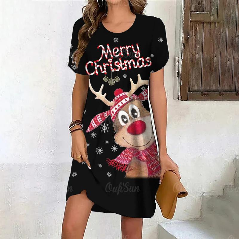 New Cartoon Moose Digital 3D Print Crew Neck Short-sleeve Pullover Stylish Casual Women's Dress