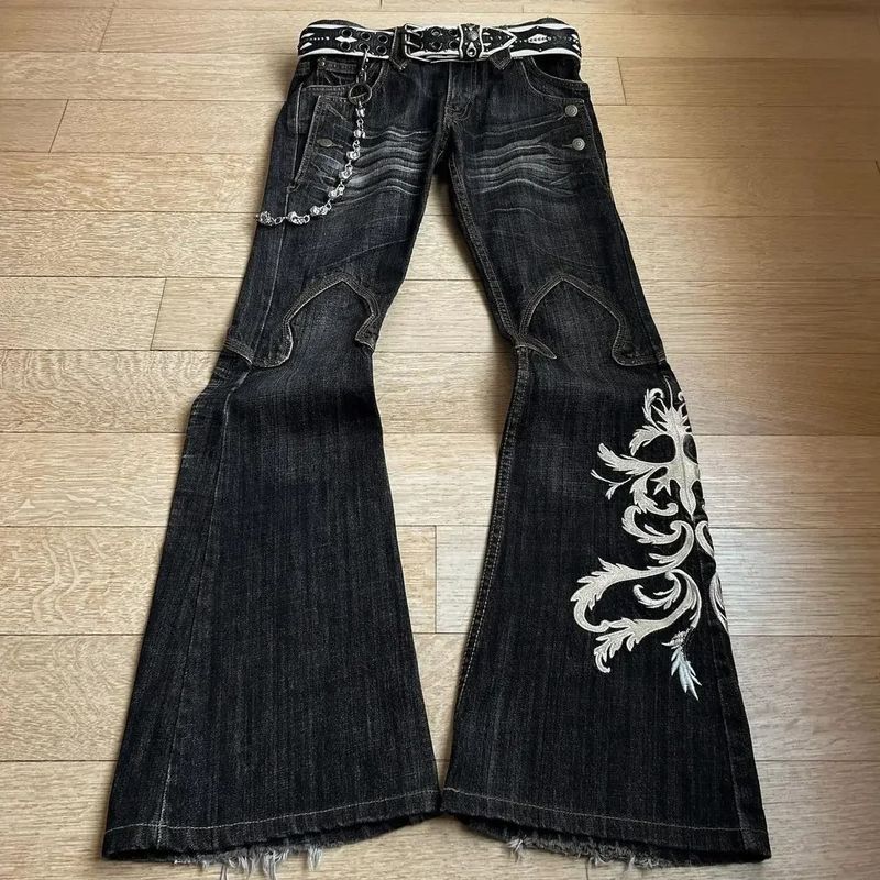 

Cross-Border New Men s Heavy-Duty Embroidery Jeans Punk Trumpet pants Y2g Washed Trousers Dark Pants Picture color (no belt) S