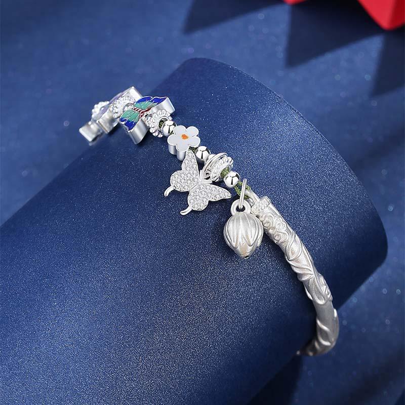 925 Sterling Silver Small Flower Butterfly Half-Bangle Half-Chain Bracelet - Light Luxury, High-End New Chinese National Style