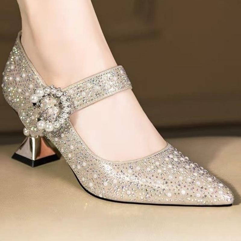 Klamra Paska Wysokie Obcasy Gruby Obcas Szpiczaste Pojedyncze Buty Damskie Perłowa Cyrkoniowa Klamra Płytkie Wcięcie Wiosna i Jesień Buty Damskie