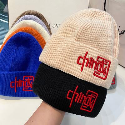 NEW Chinese Style Embroidered Knitted Hat Fashion Woolen Hat Caps Women Men Autumn Winter Elastic Skullies Beanies Cap