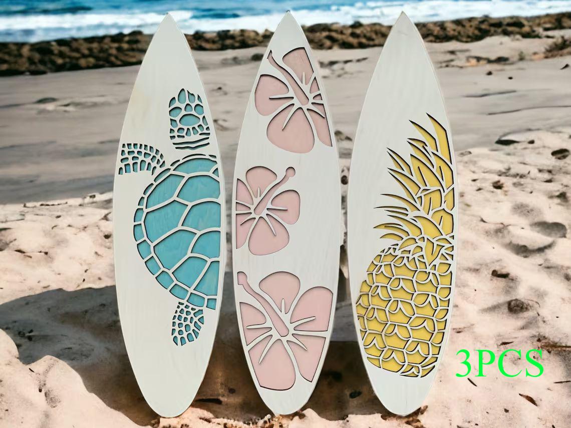 

3pc Wooden Surfboard Wall Hanging Sign Summer Themed Hawaiian Tropical Hibiscus Flower Wall Decor Pineapple Sea Turtle Door Sign