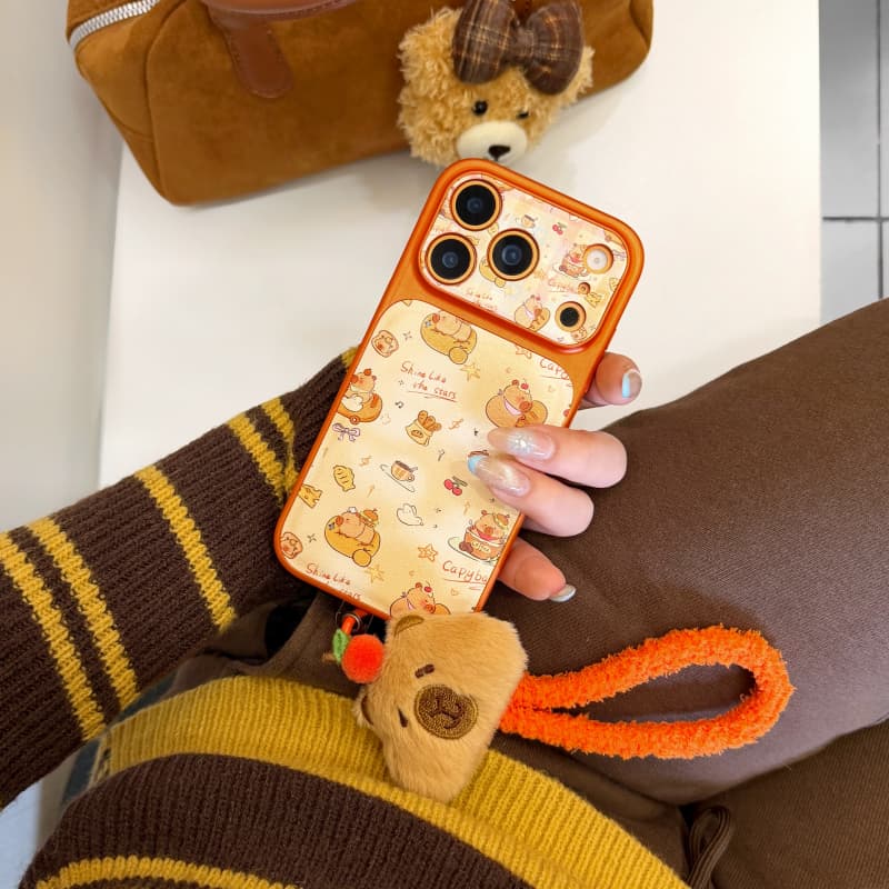 Cute Capybara Phone Case for 13 14 15 16 17 Pro Max Electroplated Leather Back With Plush Strap Soft Protective Cover