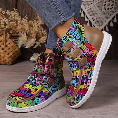 Mode Mode Buchstaben Graffiti Stiefeletten für Damen 2024 Herbst Lässig High Top Flache Schuhe Frau Übergröße 43 Elastisches Band Kurze Stiefel