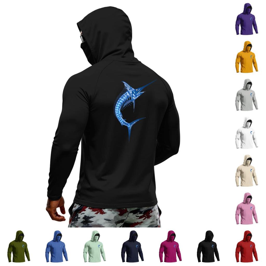 Men's Summer Hawaiian Print Quick Dry Long Sleeve T Shirt Ice Silk UPF50 Plus Sun Protection Hooded Sports Fitness Outdoor Top