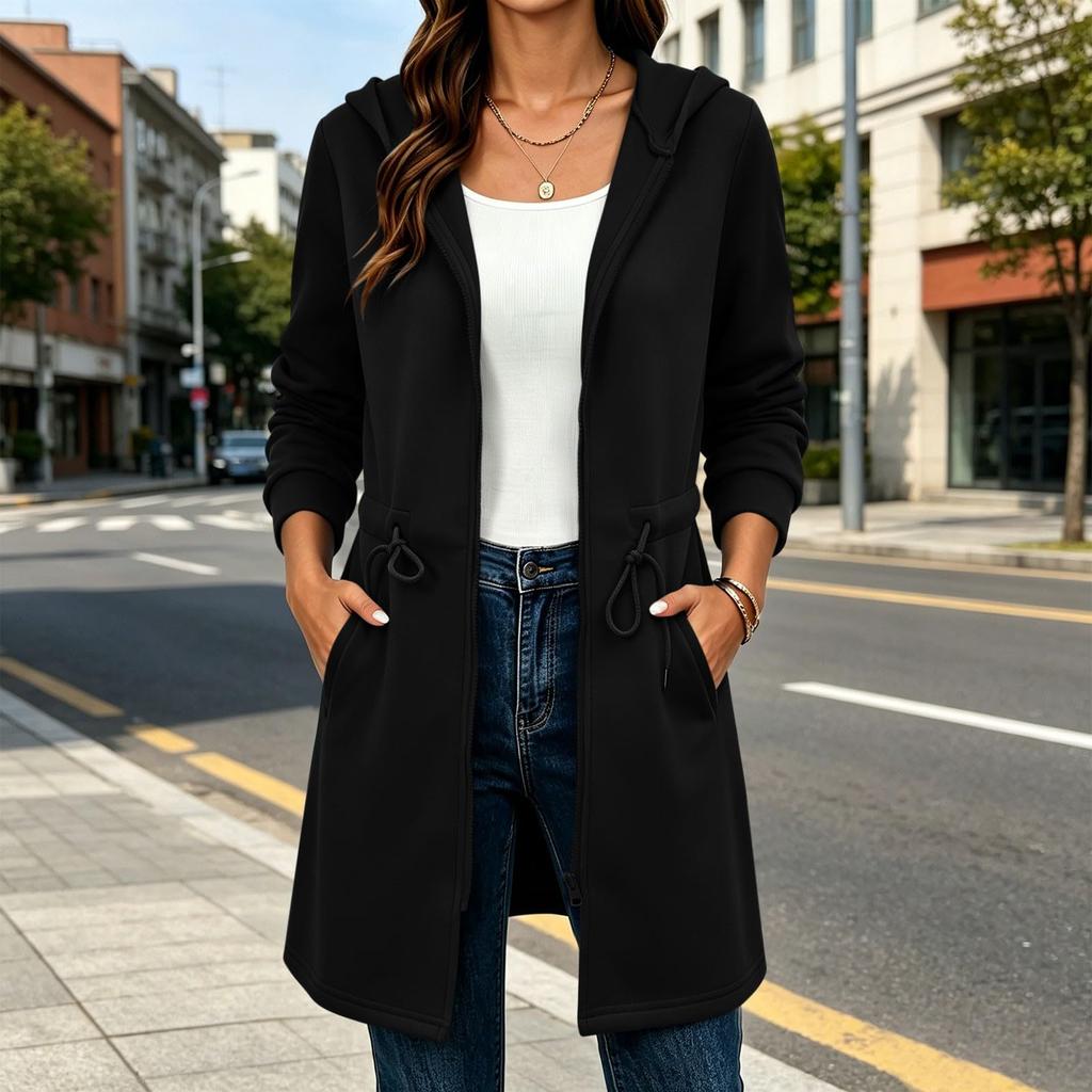 Damen Langarm Kapuzenpullover mit Kordelzug in der Taille für Herbst und Winter