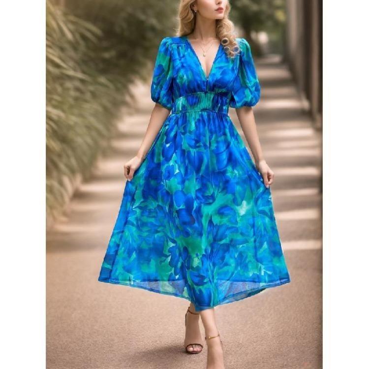Women Summer Floral Print Boho Midi Dress V Neck Short Sleeve Casual Holiday Long Dress Fashion