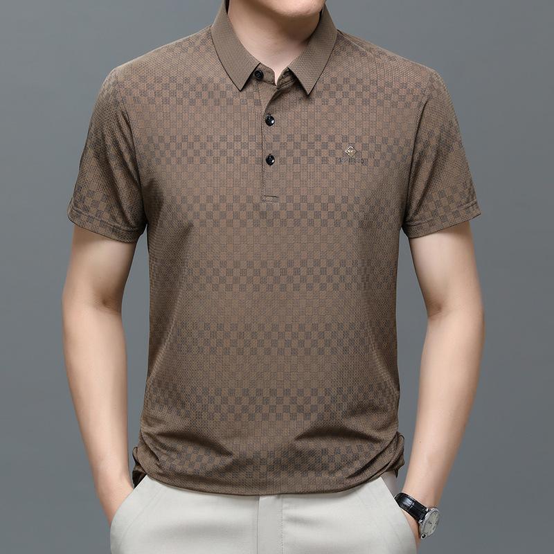 Ice Silk Polo Shirt Men'S Short-Sleeved Thin Summer Dress Business Men'S Loose Lapel Plaid Jacquard Half-Sleeved Top T-Shirt