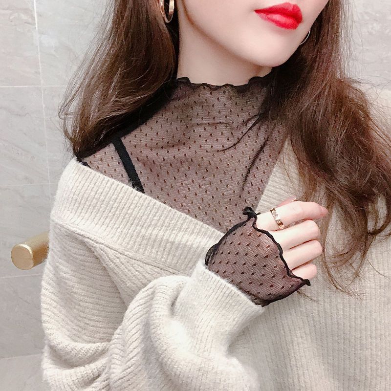 Half High Collar Mesh Base Sweater for Women In Autumn and Winter with A Pile of Collars and Gauze Underneath Sexy Lace Top