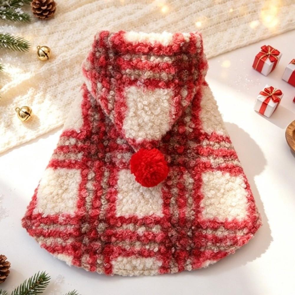 Thick Plush Pet Hooded Cape Vest Red Plaid Christmas Pet Cape Cute Pet Warm Coat  Dog Cat