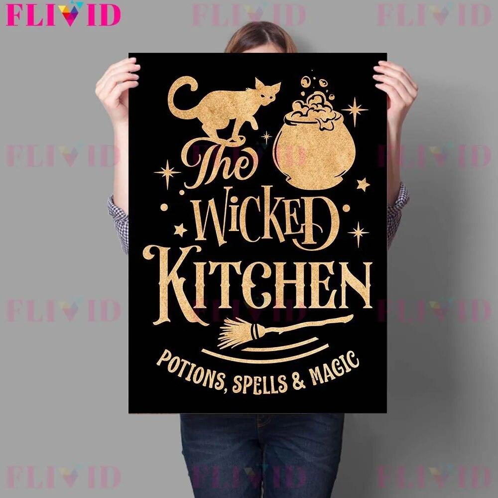 Witches Kitchen Rules And Herbs Magic Meals Vintage Wall Art Canvas Painting Magic Sign And Cats Witches Spells Poster Print No Frame