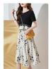 2026 Summer Printed Patchwork Two-Piece Midi Dress - Loose Fit, Slimming Tummy Conceal, Korean Style