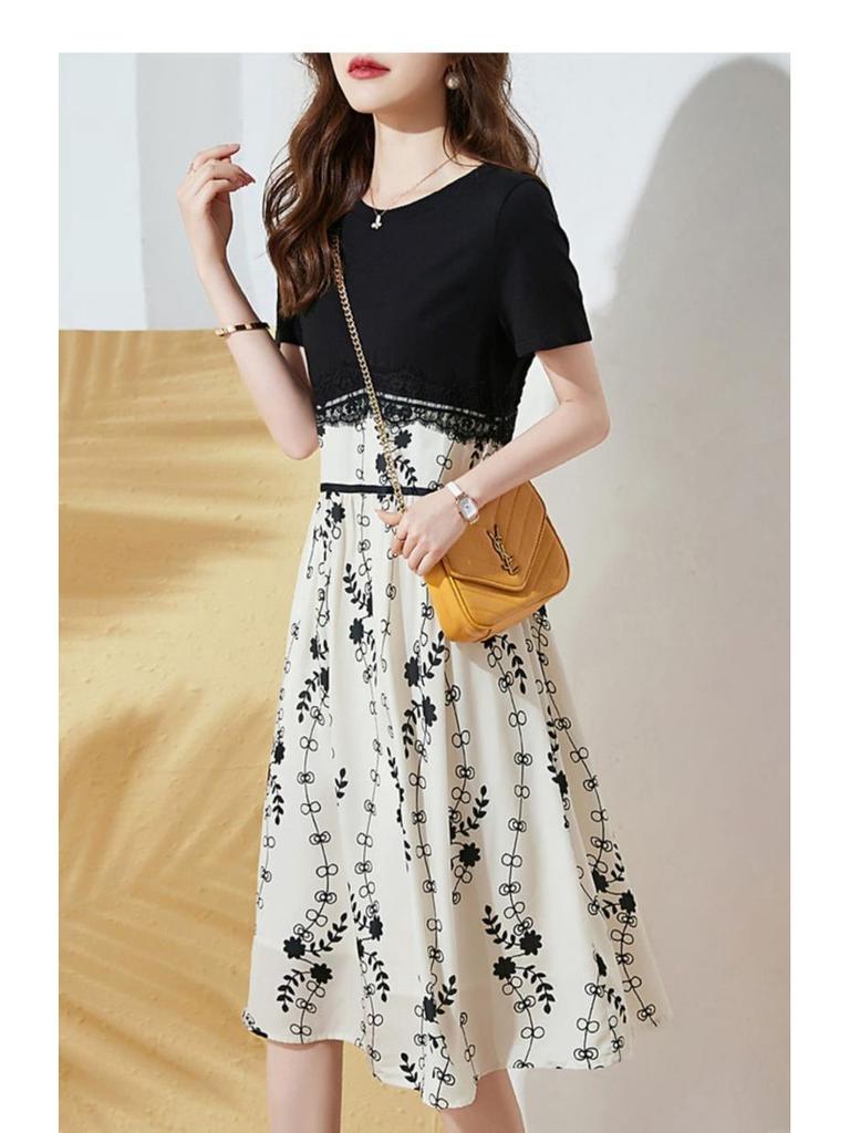 2026 Summer Printed Patchwork Two-Piece Midi Dress - Loose Fit, Slimming Tummy Conceal, Korean Style