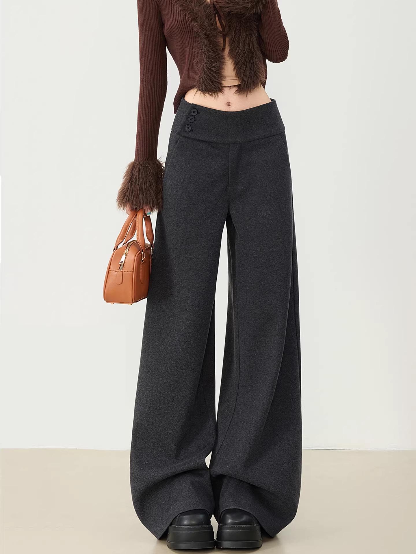 

Plus Size Women s Dark Gray Wool Blend Wide-Leg Pants - Autumn/Winter Straight-Leg Thick Suit Pants XL