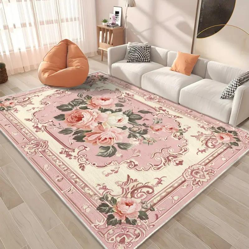 Classic Vintage Floral Rose Printed Carpet Luxurious Modern Living Room Bedroom Office Decor Non-Slip Machine Washable Floor Mat