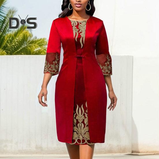 Frauen Retro Taille Eng Slim Fit Kleid O Neck 3/4 Hülse Stickerei Floral Spitze Nähte Kleid Kleid Streetwear