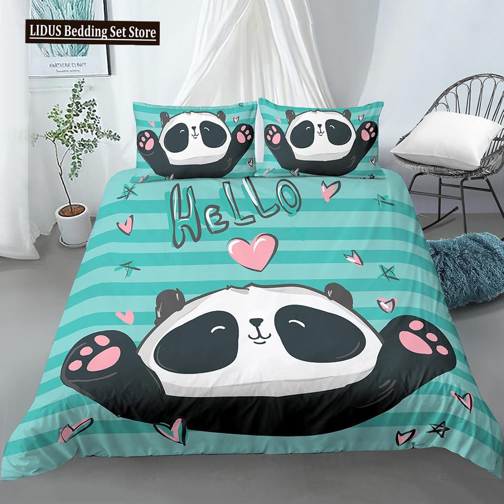 Panda Polyester Duvet Cover Set White Black Cartoon Animals Heart Flowers Printed King Queen Twin Size For Kids Boys Girl Teen