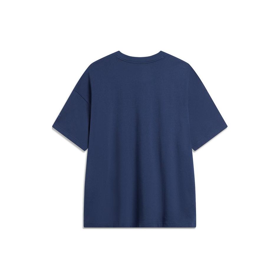 Li Ning Sports Lifestyle Series American Vintage Round Neck Casual Loose Summer Short Sleeve T-Shirt Unisex Tops Deep-Navy AHSU653-3