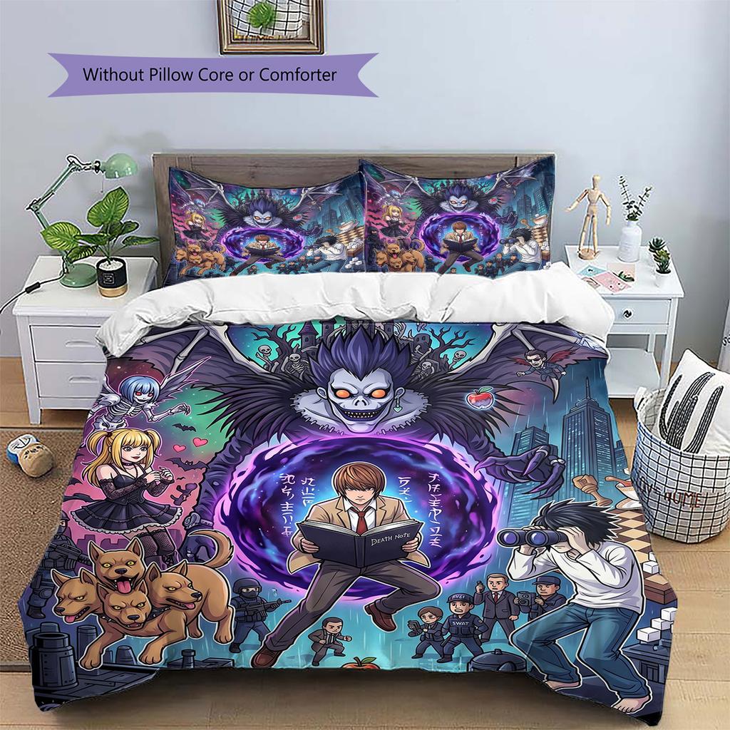 Death Note Pattern Bedding Quilt Set Quilt Cover Pillowcase Home Decoration Birthday Gift (1 * duvet cover + 2 * pillowcase, without core)