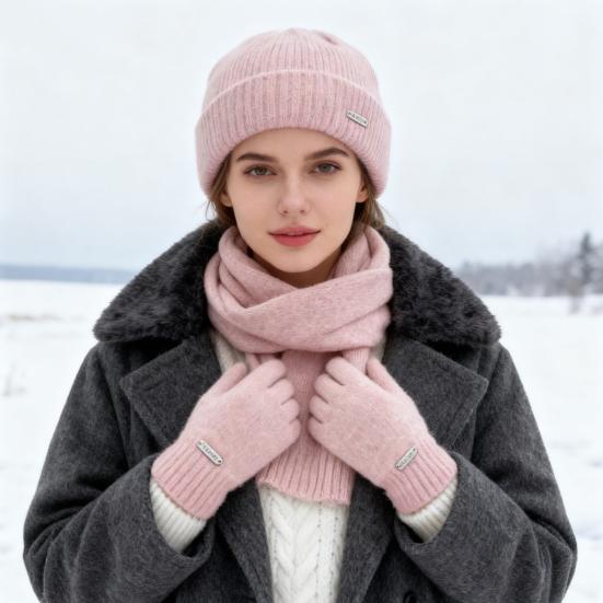 Yousheng 3Pcs/Set Women Hat Scarf Gloves Set Solid Color Ribbed Trim Brimless Hat Long Scarf Warm Gloves Set Winter Accessories
