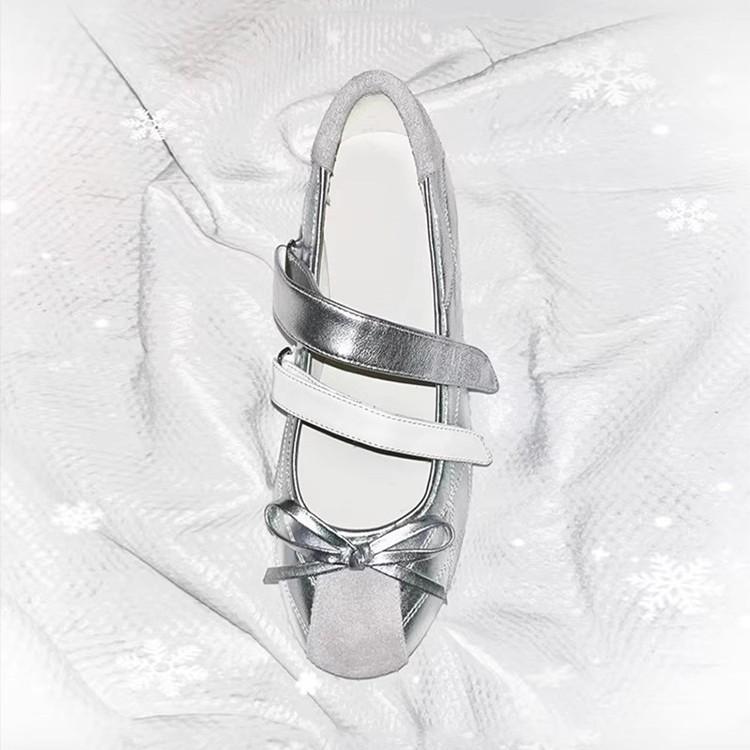 Sheepskin~ Spanish Sports Bow Mary Jane 2025 New Silver Casual Velcro Ballet Shoes for Women