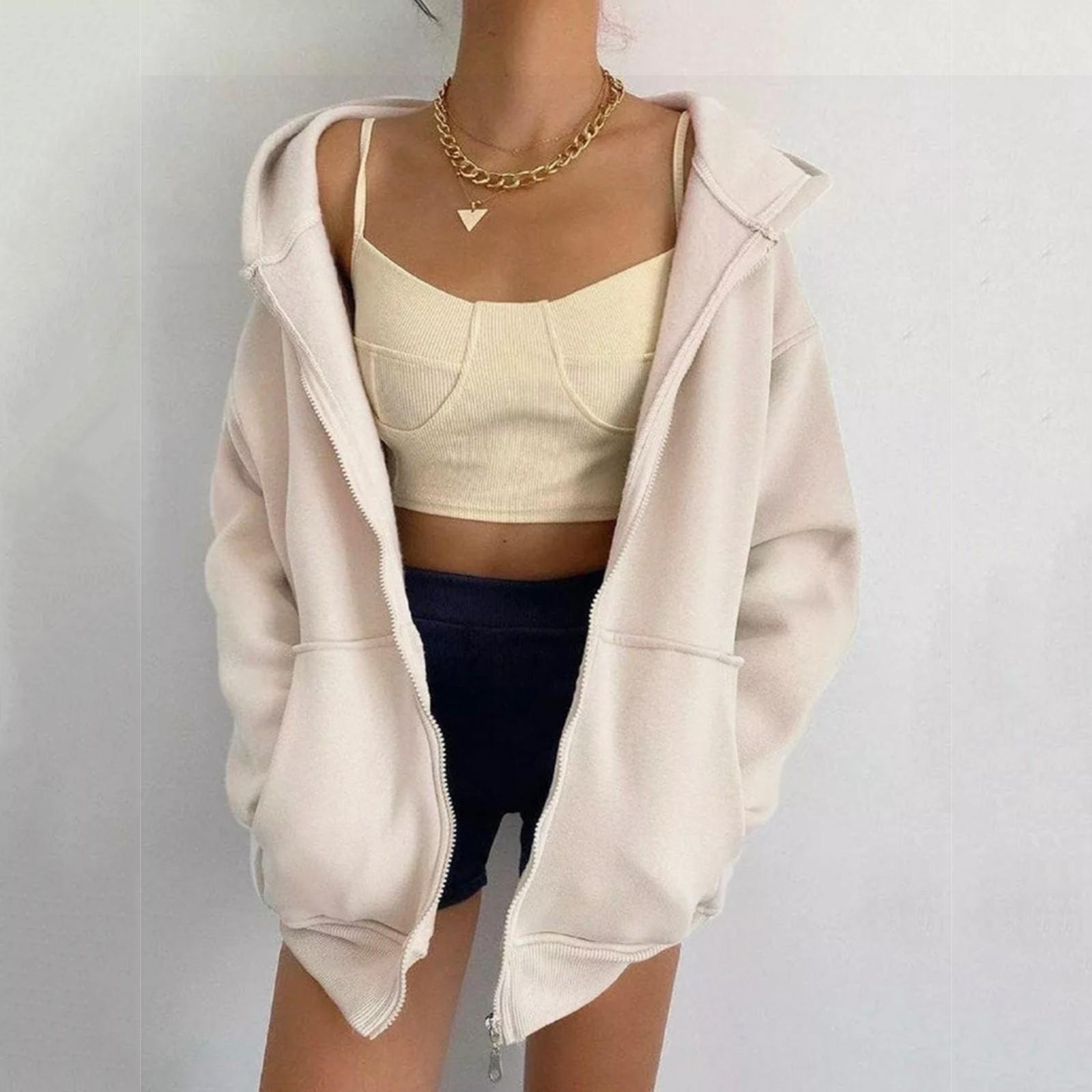 

Women s Plain Color Casual Zipper Hooded Cardigan Coat With Pockets L