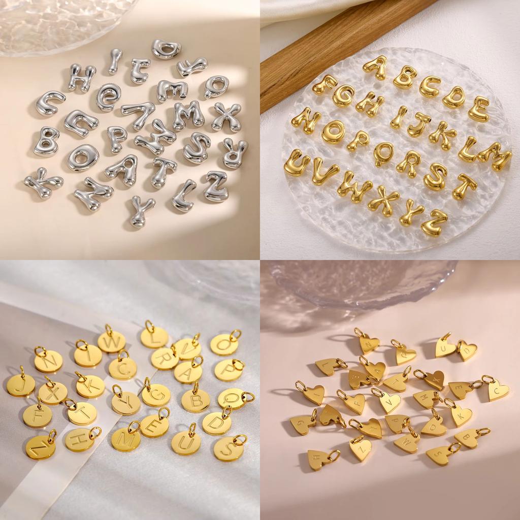 CARLIDANA Gold Plated Stainless Steel 26 Letter Charms Set Heart Bubble Initial A-Z Alphabet Letter Pendants for DIY Jewelry