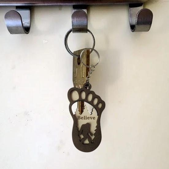 Footprint Charm Keychain with Forest Savage Pattern Double Layer Wooden Craft Key Ring Backpack Pocket Key Chain