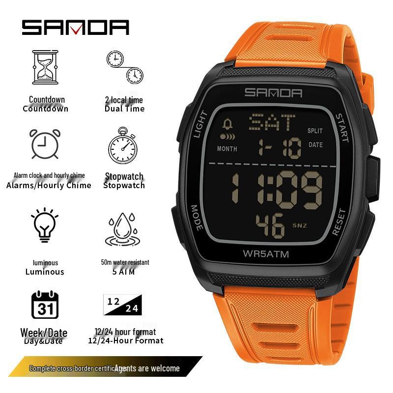 Sanda Wasserdichte Sport-Chronographenuhr für Herren - Multifunktionales Tonnenförmiges Design