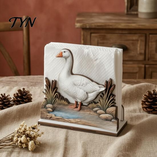 Decorative Napkin Stand for Dining Room Rustic Wooden Holder, Octopus/Bird/Goose/Turtle/Black Bear/Elephant Pattern, Compact Tissue Modern Wood
