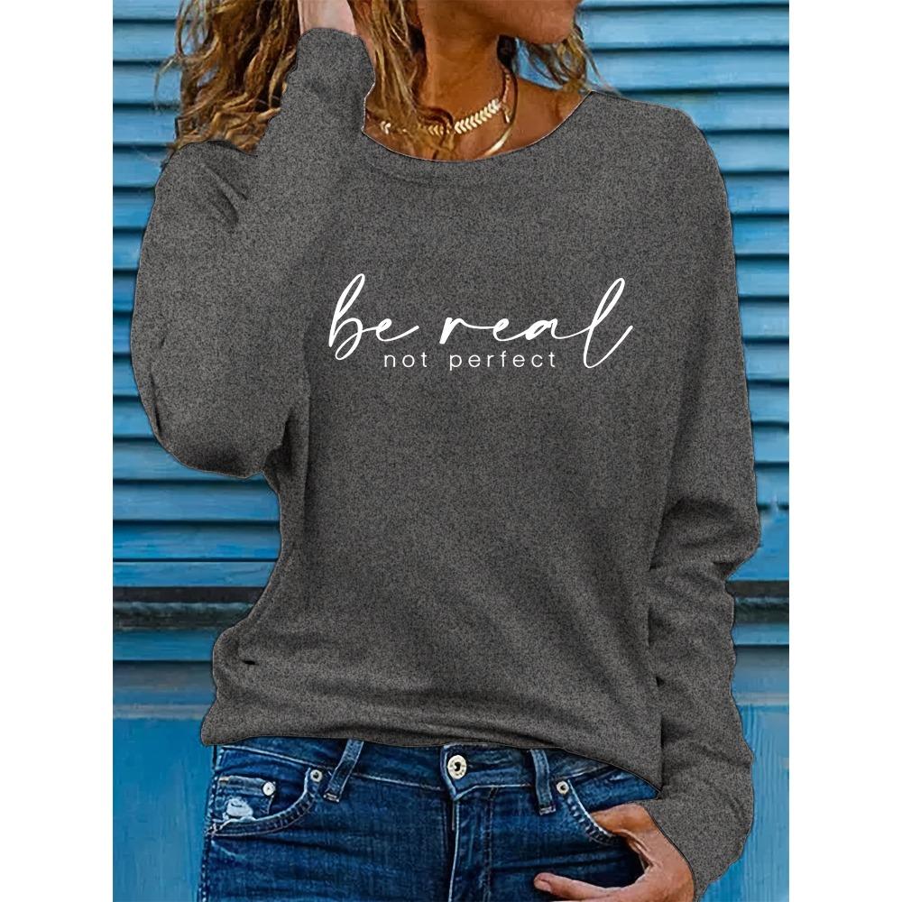 Women's Spring and Autumn Fashion Casual Loose Letter Pattern Printed Round Neck Long Sleeve T-shirt Top