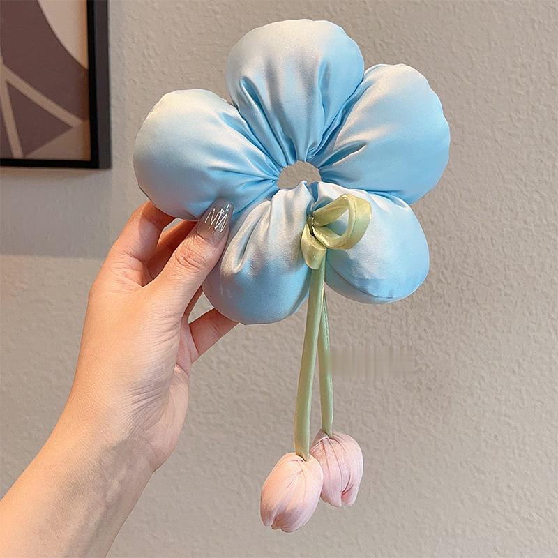 Sweet Gentle Women Tulip Flowers Ribbons Hair Scrunchies Fairy Bowknot Streamers Hair Ribbons Ponytail Holder Hair Accessories