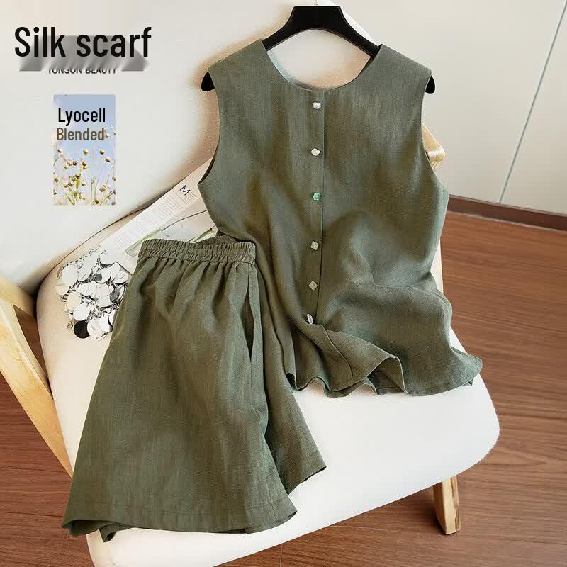 Sibaishe Women s Tencel Linen Sleeveless Top & Shorts Set XXL
